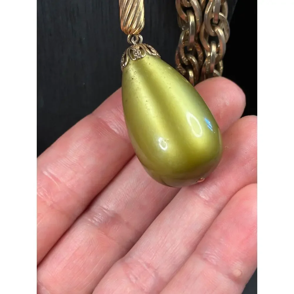 Vintage Chunky Gold Chain Necklace Large Olive Drop Pendant